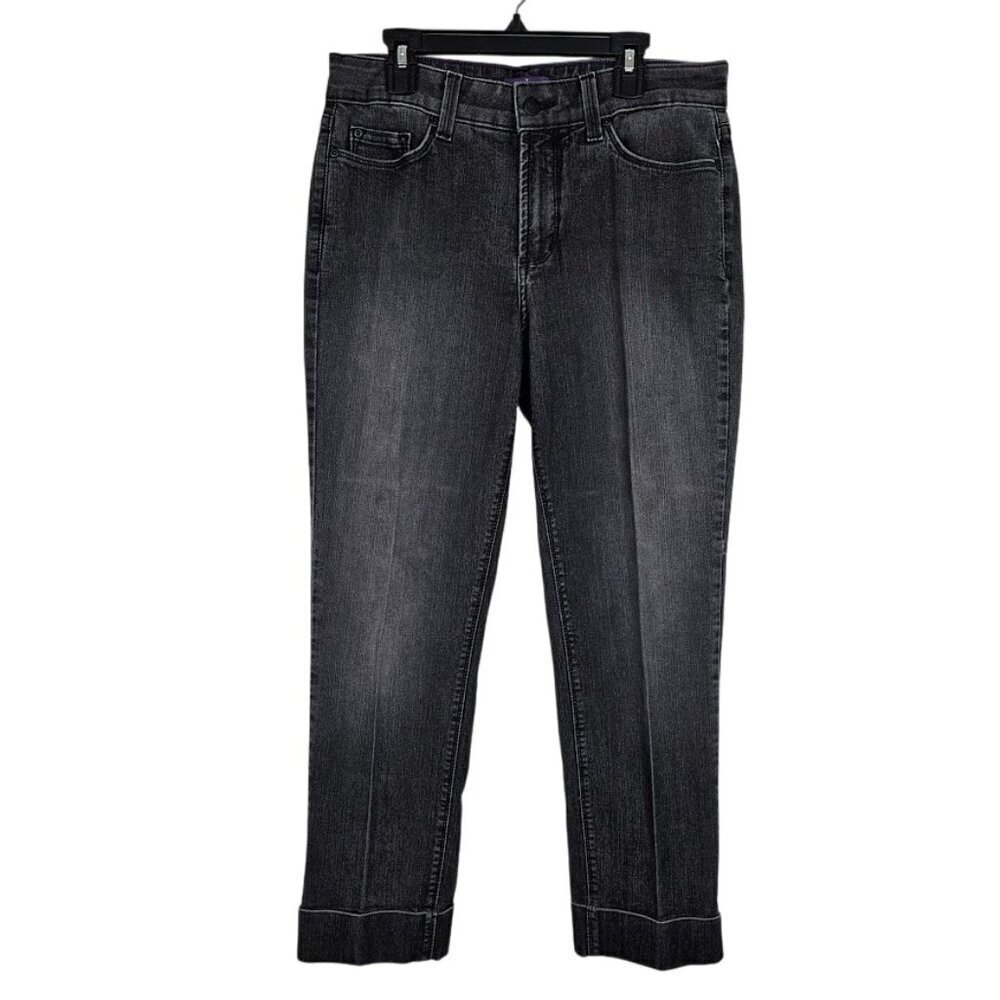NYDJ Straight Leg Jeans Pants size 6 BLACK Denim Cuffed Mid Rise Preppy Classic